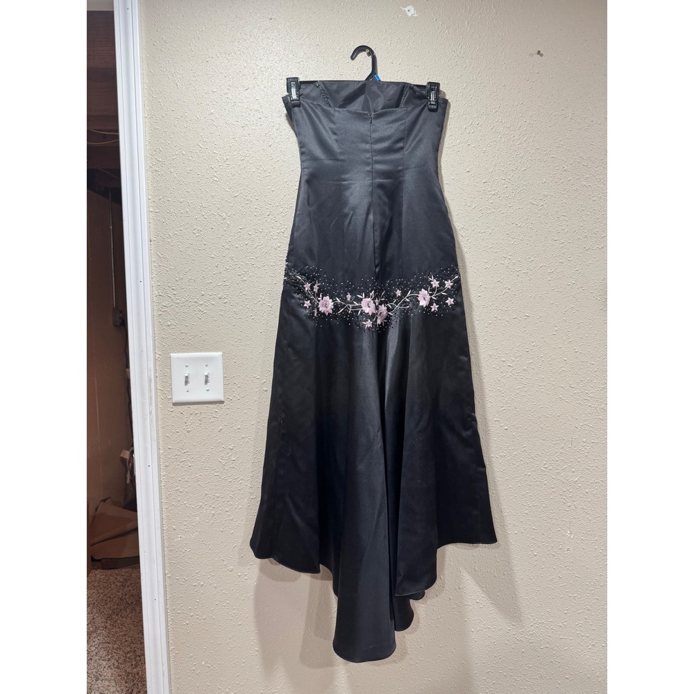 Morgan and Co Black Satin Strapless High Low Floral Embroidered Prom Dress 3/4 - Picture 4 of 4